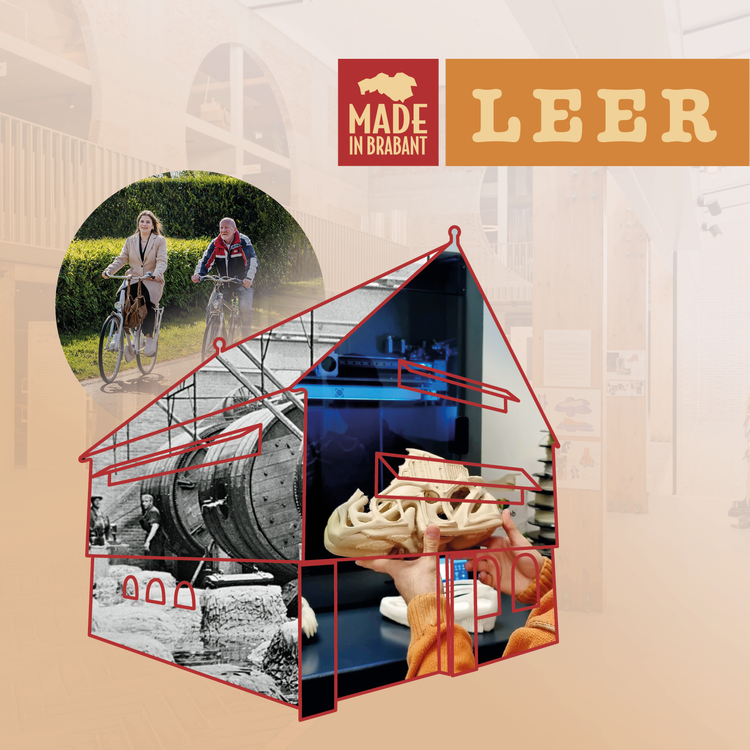 Visual van een looischuur met daarin beelden van de leer- en schoenenindustrie, vroeger en nu.