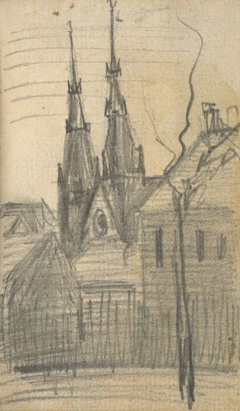 Een afbeelding van een schets van de Sint-Catherinakerk in Eindhoven