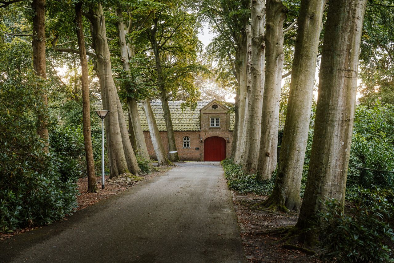 Bomenlaan met aan het einde vooraanzicht Wilhelmietenmuseum
